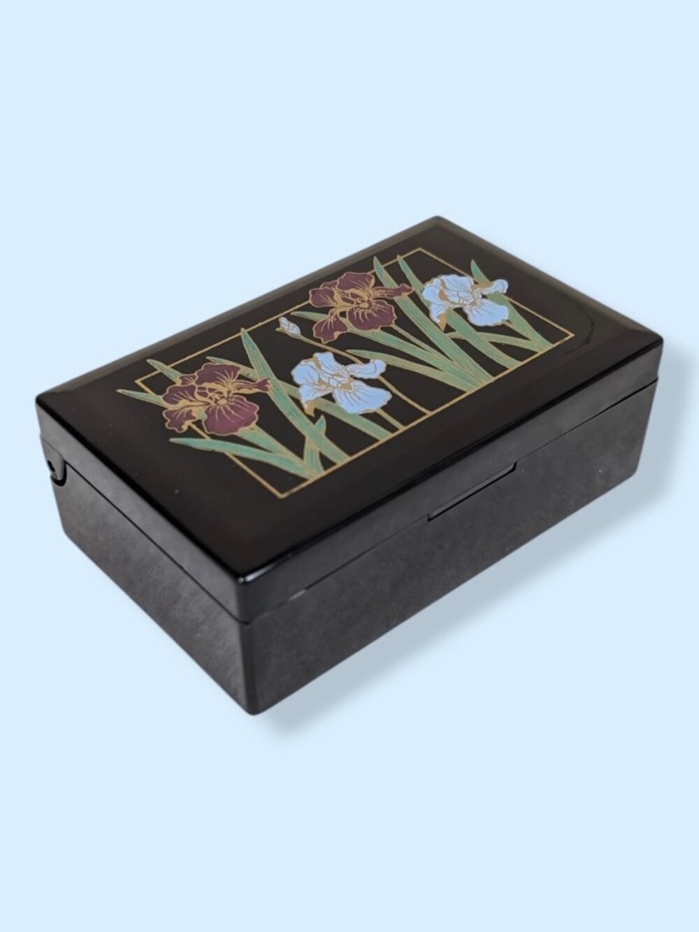 Vintage Black Floral Lined Trinket Box with Mirror